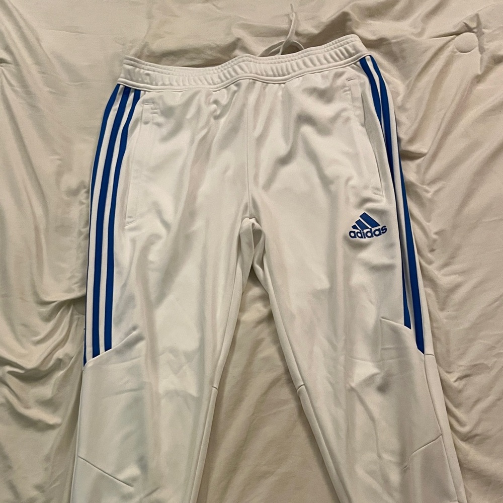 Adidas Mens White Joggers with Blue Stripes